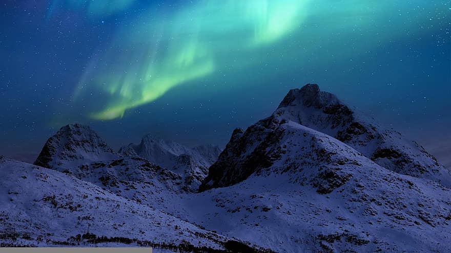 Severní polární záře, Norsko, Příroda, galaxie, lofoty, aurora, noc, nebe, hora, sníh, hvězda