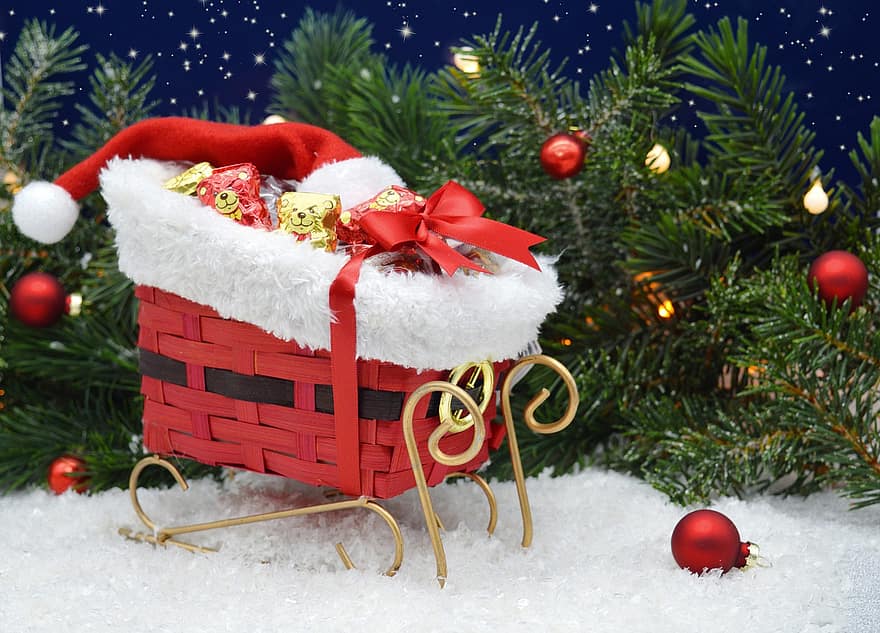 motif natal, hari Natal, kereta luncur, kereta luncur natal, santa claus giring, salju, cabang cemara, dekorasi, perayaan, musim dingin, musim