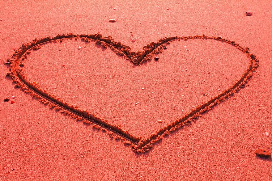 zand, hart-, symbool, vorm, tekening, strand, achtergrond, humeur, hart vorm, liefde, romance