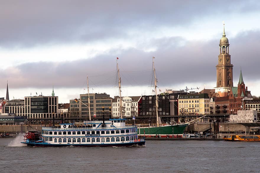 boot, haven, schip, raderboot, toren, Hamburg, Landungsbrücken, Elbe, water, Hanzestad, rivier-