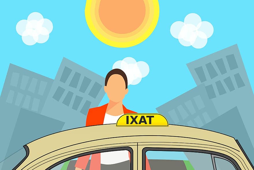 taxi, dívka, auto, město, ráno, cestující, žena, kabina, dveře, vstup, dáma