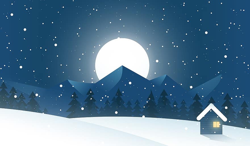 mėnulis, namas, žiemą, lauke, kalnai, medžiai, sniegas, mėnulio šviesa, pilnatis, vakare, naktis