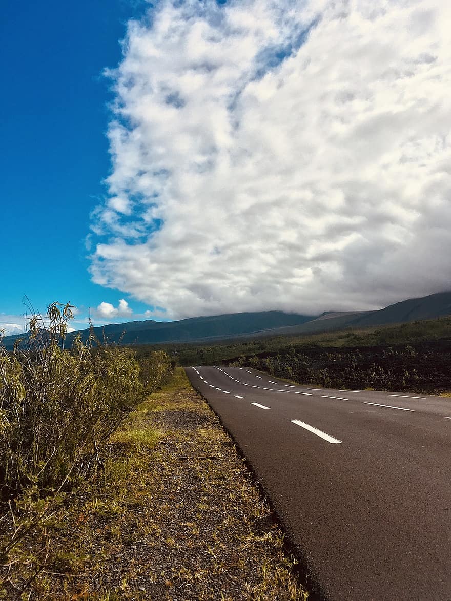 weg, bergen, bijeenkomst, landschap, asfalt, tropisch, natuur, bewolkt, Nationaal Park, Zuid-Reunion, reünie eiland