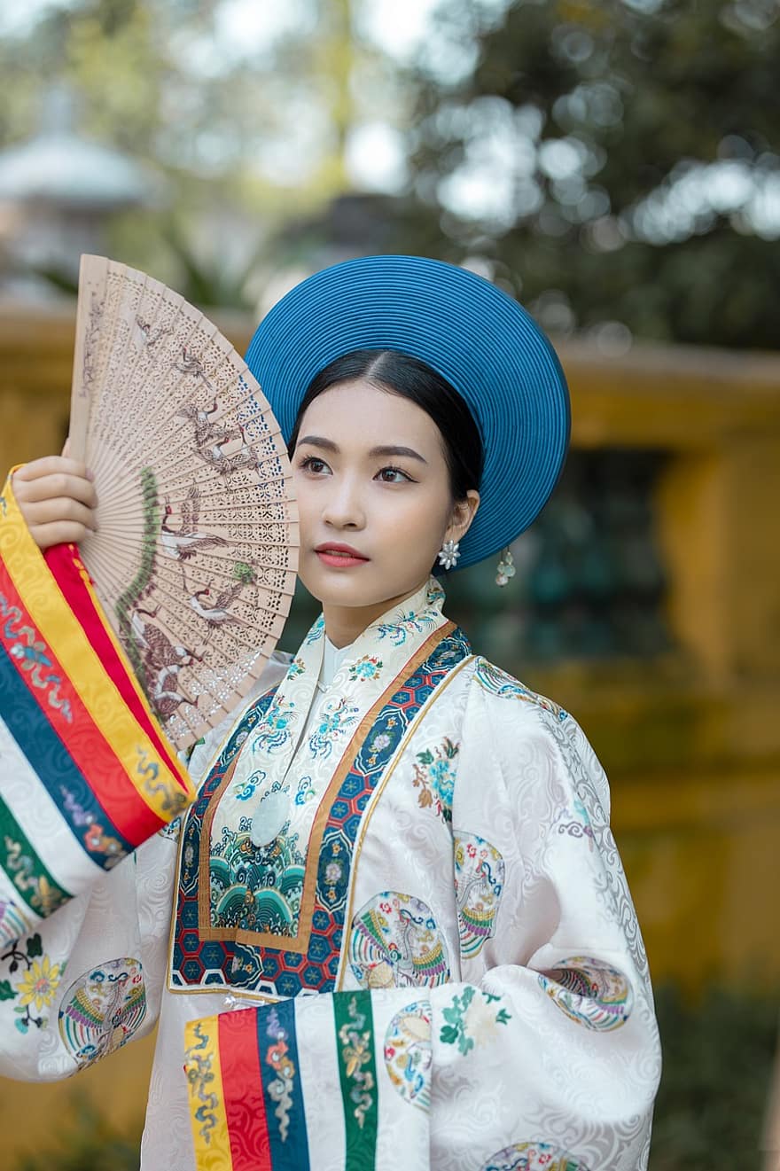 Viet Phuc, divat, ruházat, kézi ventilátor, nő, Nhat Binh, hagyományos, stílus, vietnami, ázsiai, lány