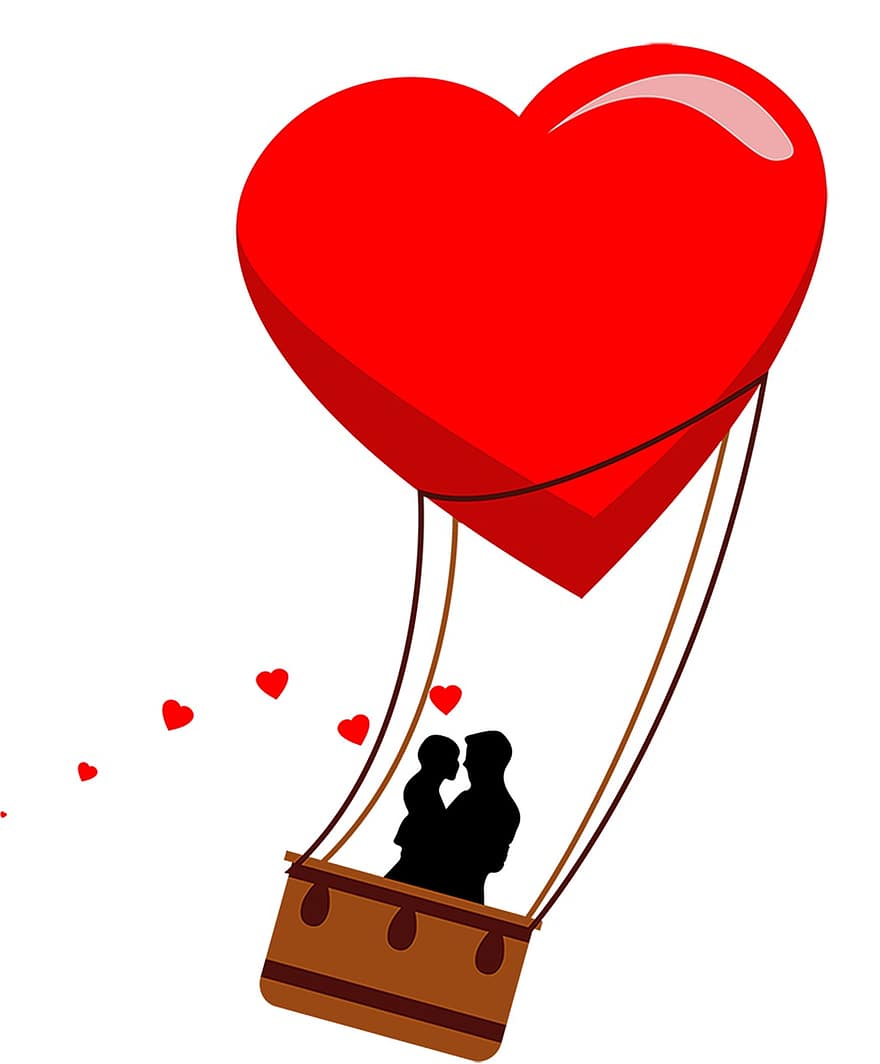 coração, casal, balão de ar quente, amor, romance, romântico, afeição, relação, juntos, namorados