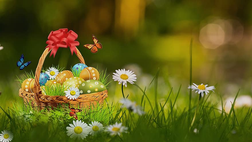 αυγά, λουλούδια, καλάθι, πεταλούδες, Πάσχα