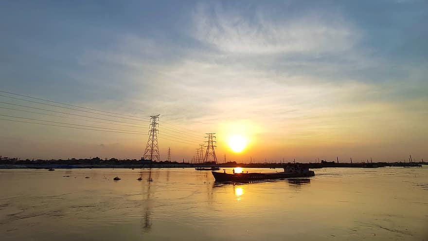 řeka, loď, západ slunce, břeh řeky, Buriganga řeka, Řeka Turag, Mohammadpur, dhaka