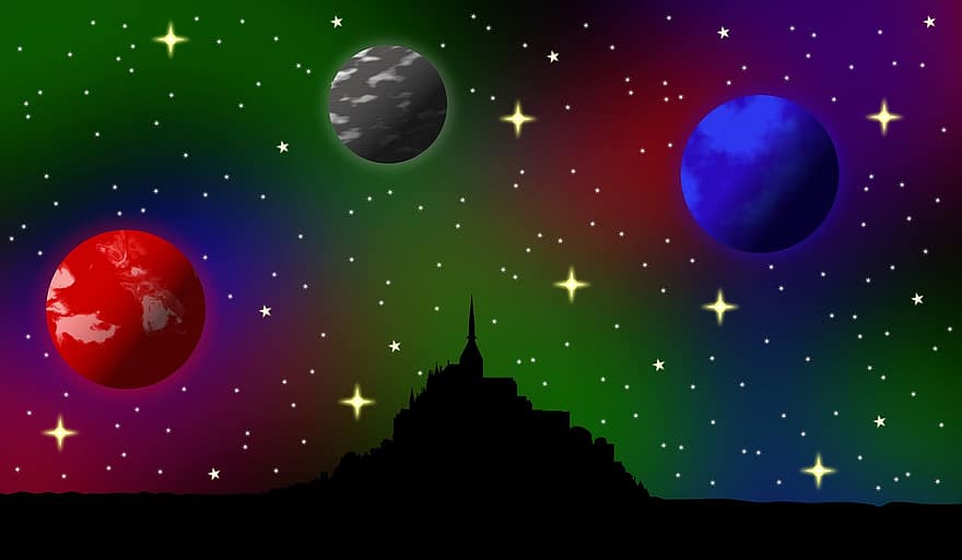Platz, Planeten, Le Mont Saint Michel, Silhouette, Sterne, Asteroid, Aurora, Erde, Komet, Meteor, Nebel