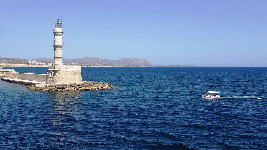 Lighthouse, Chania, Sea, Ocean, Crete, Greece, Tower, Boat, Coast, Water, Mediterranean
