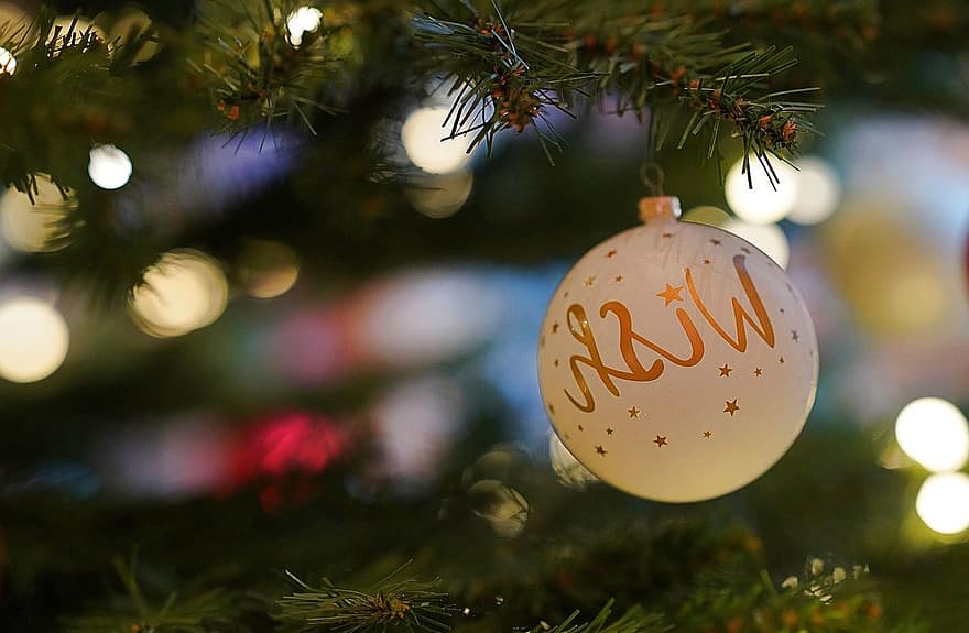 Noël, des balles, souhait, décoration, vœux, carte, blanc, lumières, sapin, hiver, nuit