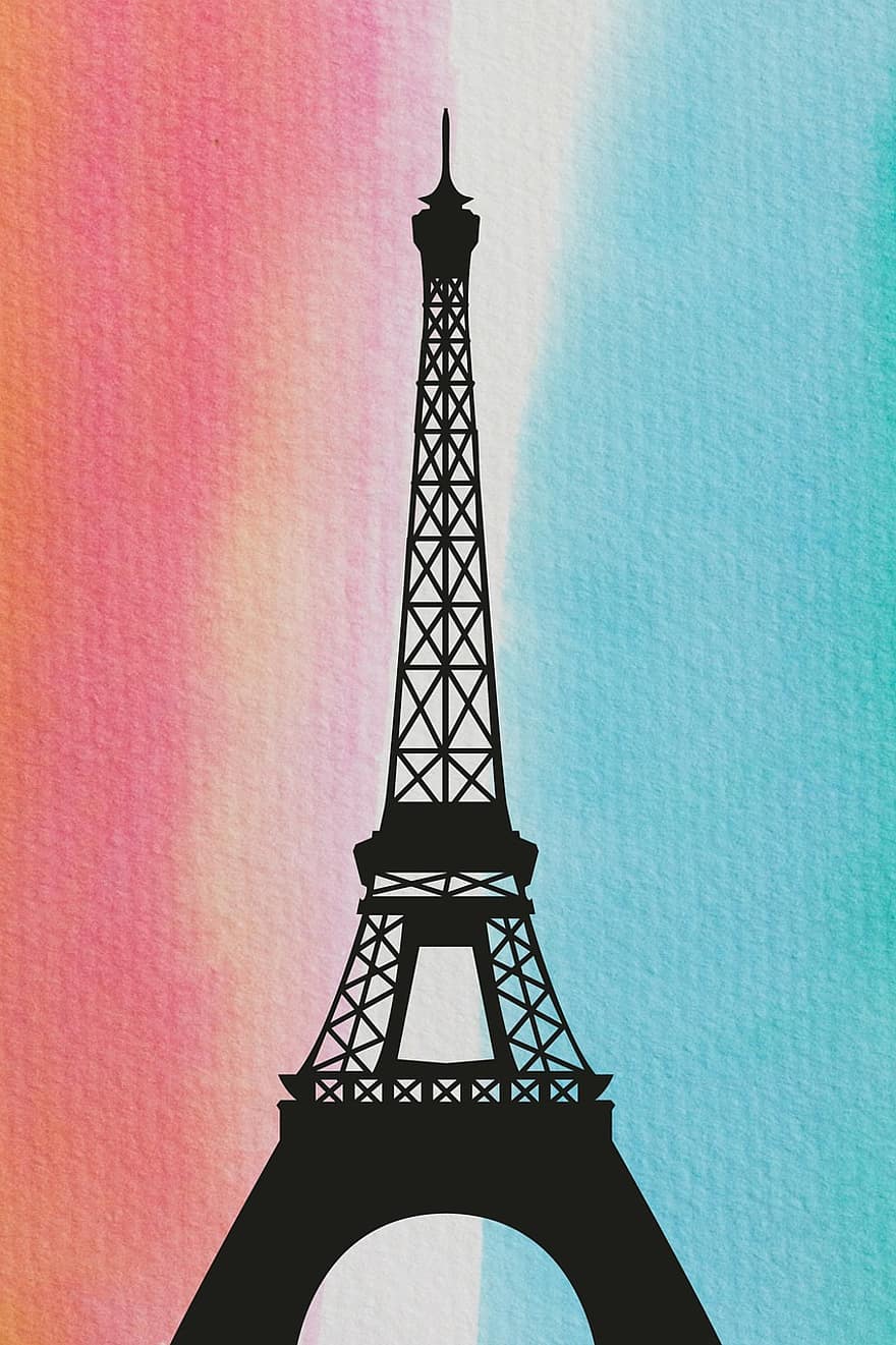 Eifelio bokštas, Geležinės santvaros bokštas, paris, Prancūzija, akvarelė, mėlyna, balta, raudona, vėliava, siluetas, kontūras