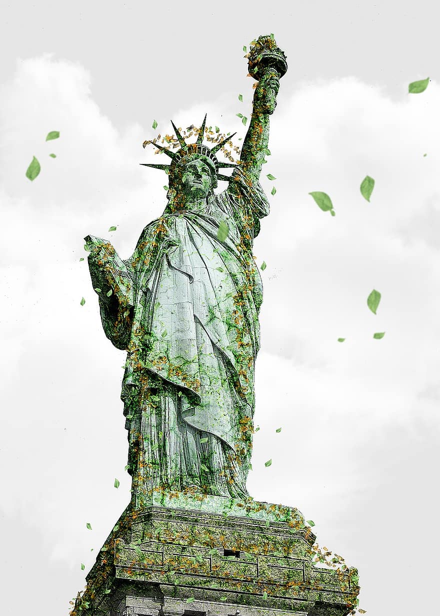 자유의 여왕, 자유의 여신상, 뉴욕, 기념물, 뉴욕시, 미국, 관광 명소, 이끼, 덮은, 균열, 공상