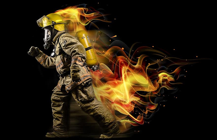 пожарникар, пожар, спасяване, пламък, аларма, пожарогасител, риск, маркуч, екип, каска, топлина