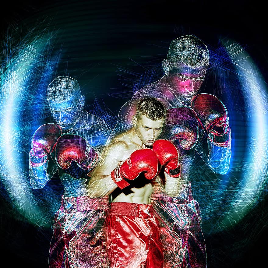 boxning, kickboxning, modell, man, bekämpa, röd, bild, ny, boxare, slåss, handskar