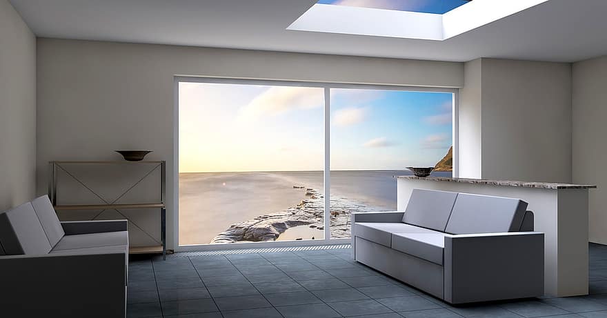 istaba, Ar skatu, pludmale, priekšējais logs, dzīvojamā istaba, utopija, 3d, izciršana