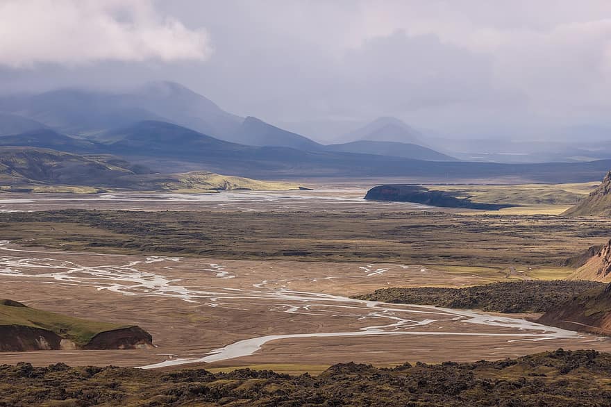 slėnyje, kalnai, upė, dangus, debesys, kelionė, pobūdį, Islandija