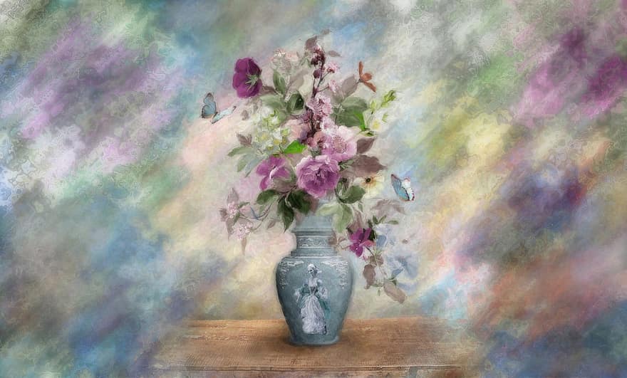 virágok, váza, csendélet, festés, szép