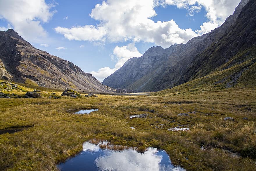Cow Saddle, Mt Aspiring National Park, Mountains, Sky, Reflections, Clouds, New Zealand, South Island, Tarns