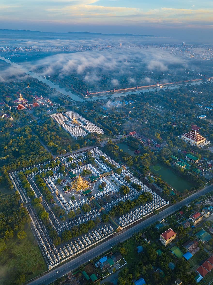 pilsēta, pagoda, templis, orientieris, tūristu piesaiste, vēsturiska, gaisa skats, dekorācijas, budistu stupa, Sanda Muni pagoda, mandalay