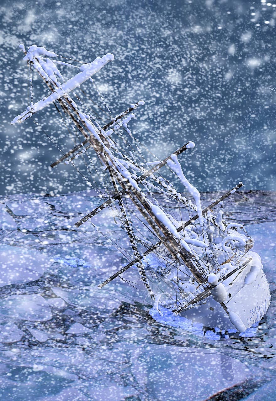 nevasca, navio, virar, média geral, Pia, acidente, barco, frente, neve, gelo, oceano