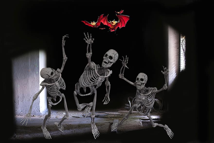 фон, скелет, фантастика, летучие мыши, Хэллоуин, жуткий, человеческий скелет, иллюстрация, смерть, темно, фильм ужасов