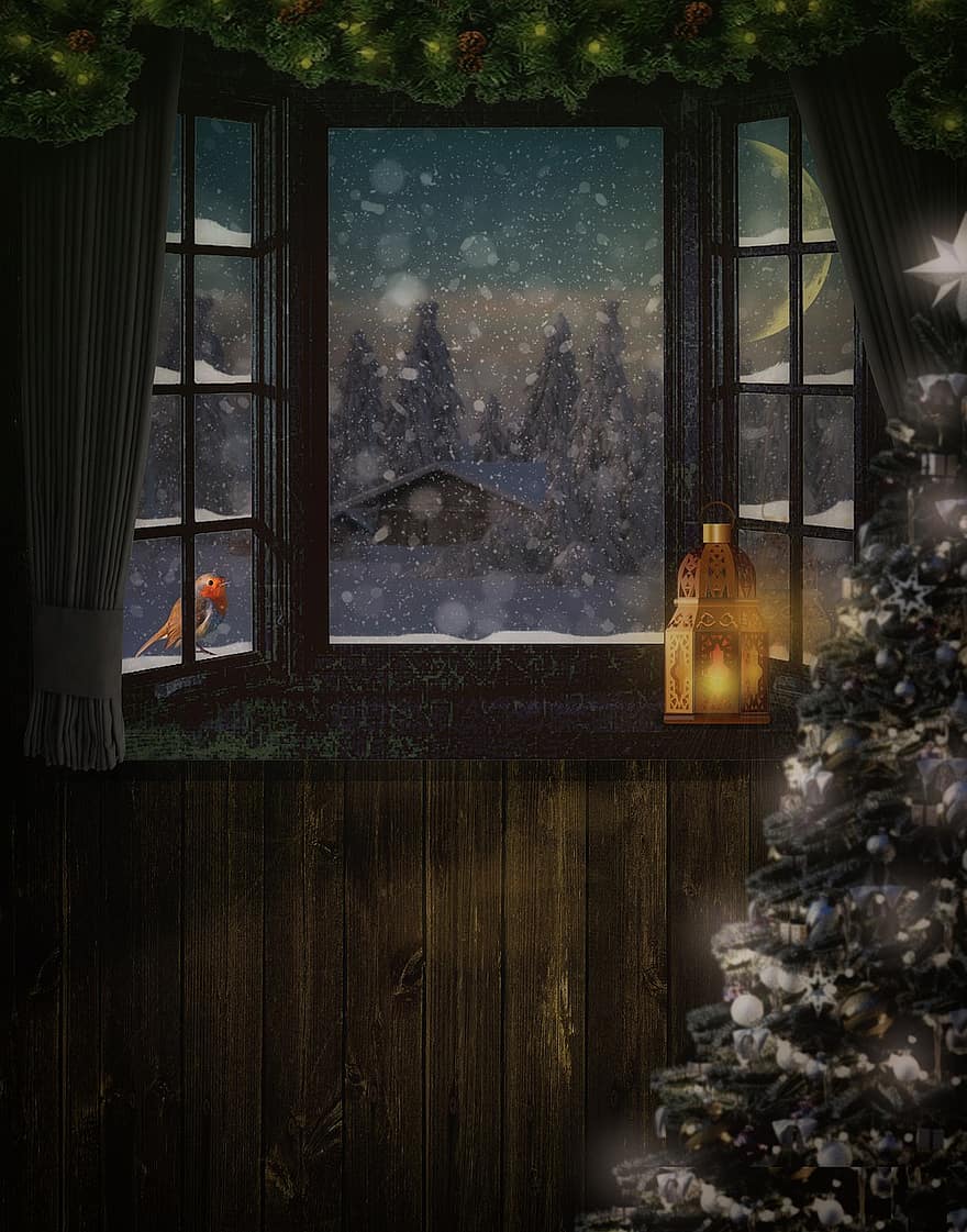 jul, fönster, vinter-, säsong, högtider, snö, julgran, december, dekoration