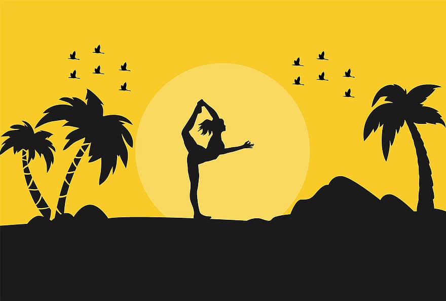 siluetas, moteris, joga, papludimys, saulėlydis, palmės, medžiai, paukščių, apšvietimas, kelia, joga kelia