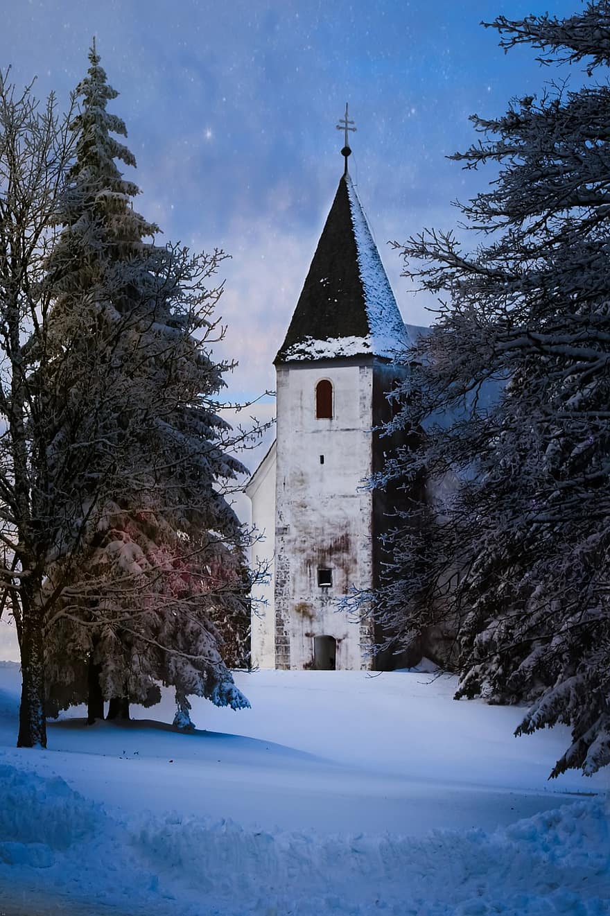 Church, Building, Cross, Temple, Entrance, Pathway, Snow, Trees, Forest, Night, Areh