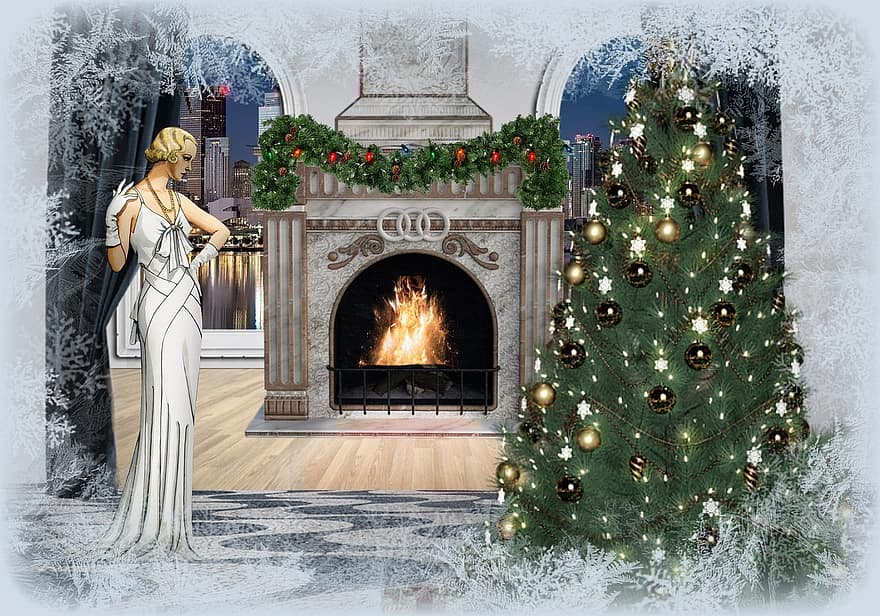 क्रिसमस, उपहार, सर्दी, दीपक, हिमपात, महिला, फैशन, आग की लपटों, पृष्ठभूमि, पेड़, सजावट