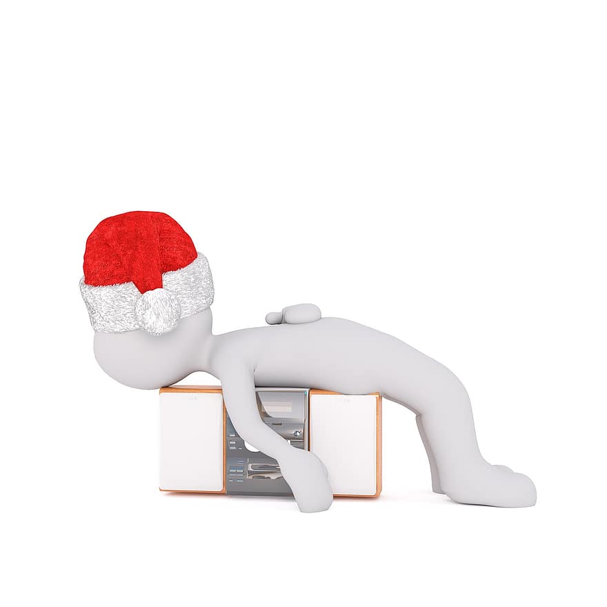 bílý samec, 3D model, postava, bílý, Vánoce, klobouk santa, zlomený, rádio, obavy, odpočinek, spát