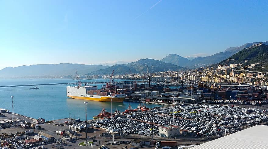 Pelabuhan, kapal, laut, salerno, Italia, impor, barang, mengangkut, mobil, kendaraan, bea cukai