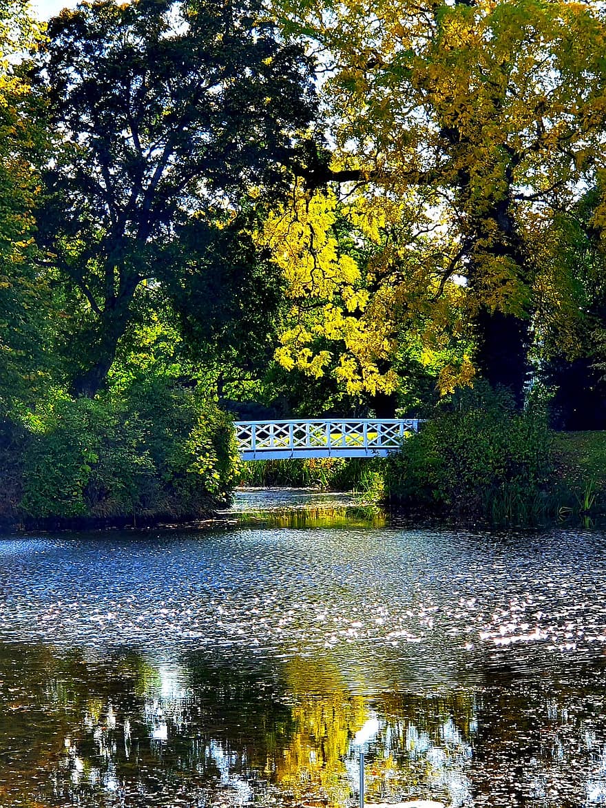 мост, река, парк, деревья, пейзаж, природа