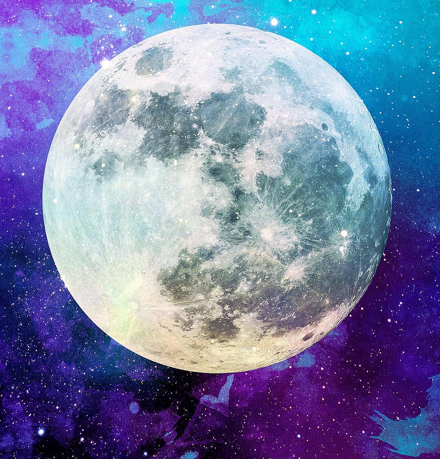 Moon, Purple, Blue, Lunar, Space, Sky, Night, Stars, Watercolor, Outdoor, Summer