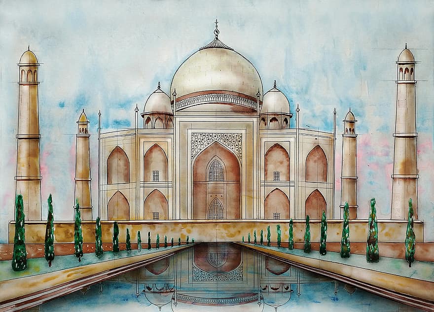 Taj Mahal, mešita, palác, mramor, památník, budova, kupole, architektura, skica, vodové barvy, Indie