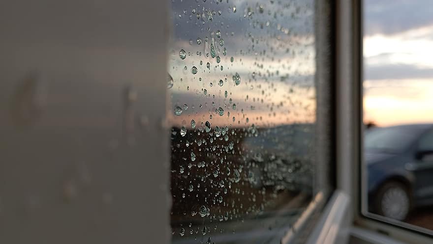 finestra, gocce di pioggia, tramonto, bicchiere, pioggia, far cadere, goccia di pioggia, tempo metereologico, avvicinamento, auto, riflessione