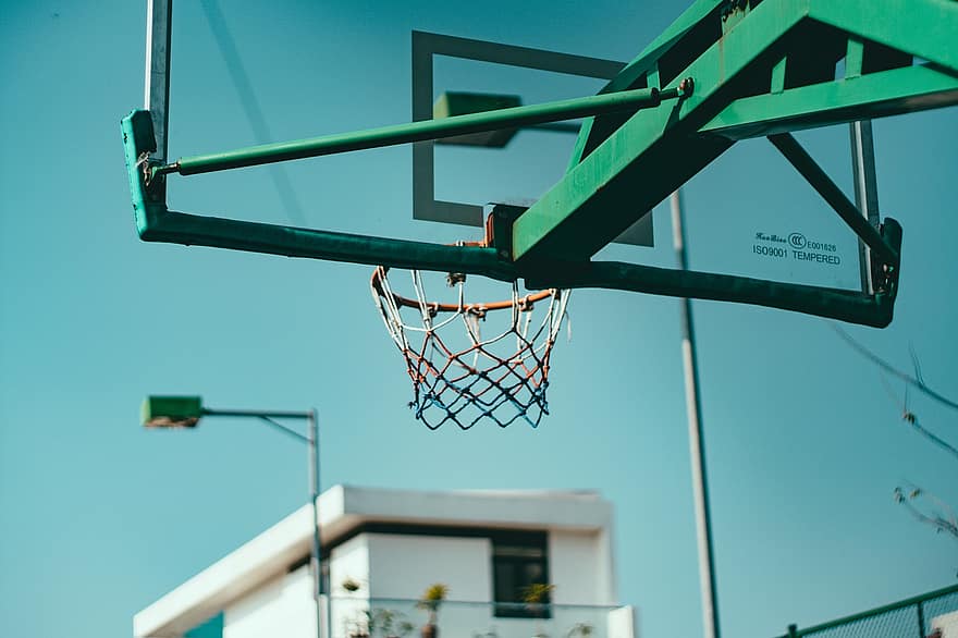 Basketball, yard, síť, hrát si, slunný, sport, basketbalový koš, košík, modrý, hraní, soutěž