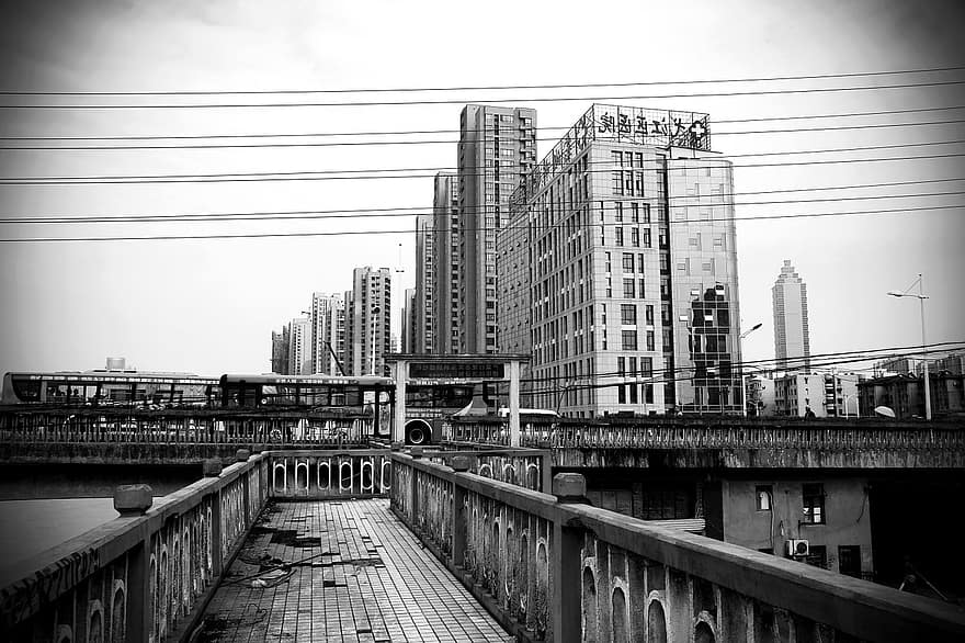 svart og hvit, bygning, nettstedet, by, Urban, industriell, høy