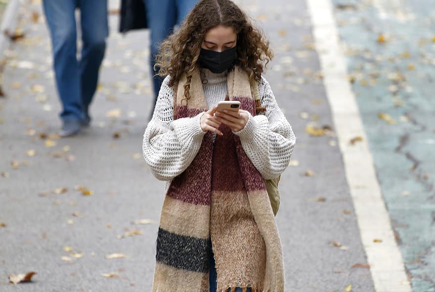 Street, Woman, Fashion, Pandemic, Face Mask, Autumn, women, lifestyles, adult, one person, mobile phone