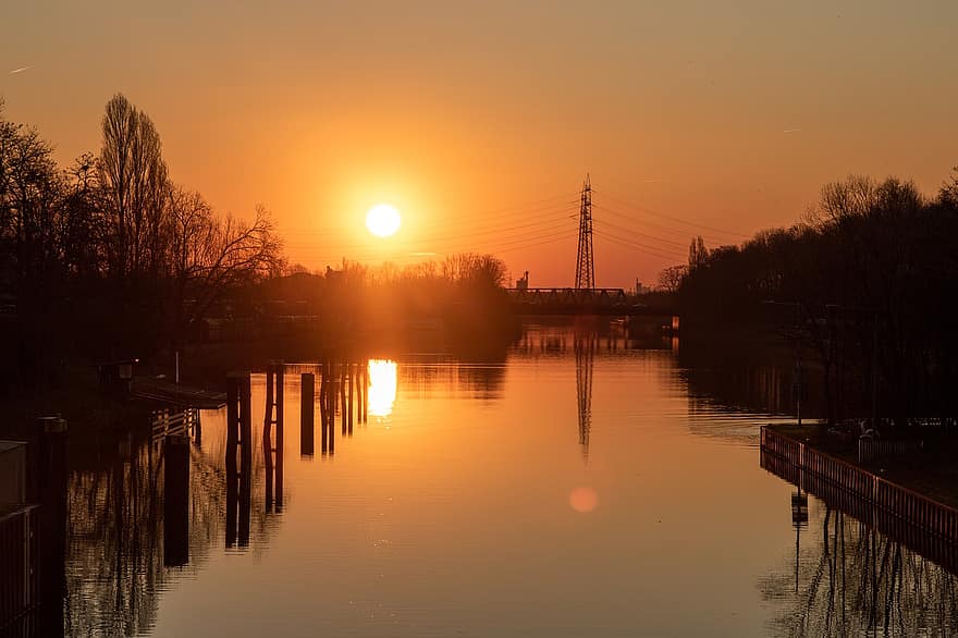 Canal Rin-Herne, via fluvial, posta de sol, Canal de transport, sol, aigua, reflexió, vespre, bloqueig, Ruta d'enviament, sortida del sol