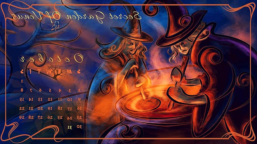 Jardim Secreto de Vênus, calendário, Outubro, dia das Bruxas, diário, mês, cronograma, planejador, bruxas, doces do dia das bruxas, papel de parede