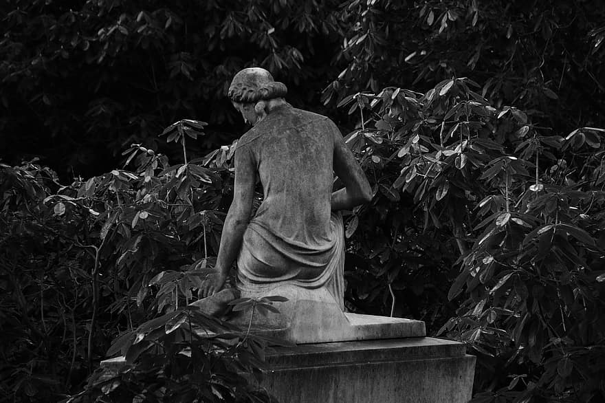 Statue, Angel, Graveyard, Ohlsdorf, Grief, Loss, Black-and-white, Death, Funeral, Grave, black and white