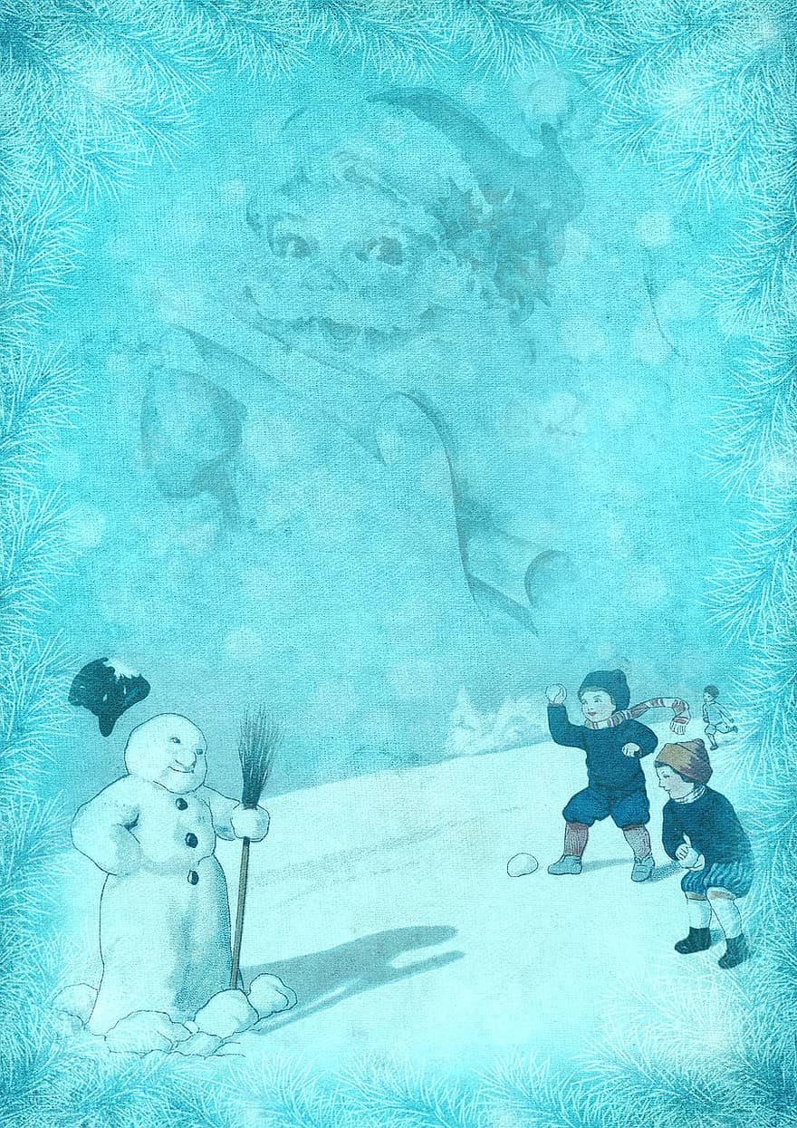Дед Мороз, рождественский мотив, марочный, Рамка, дети, Снеговик, битва снежками, старый, поздравительная открытка, изображение на заднем плане, Николай