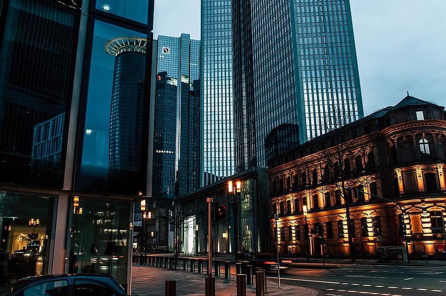 Stadt, Frankfurt, Nacht-, Straße, Innenstadt, städtisch, Wolkenkratzer, Fassade, Gebäude