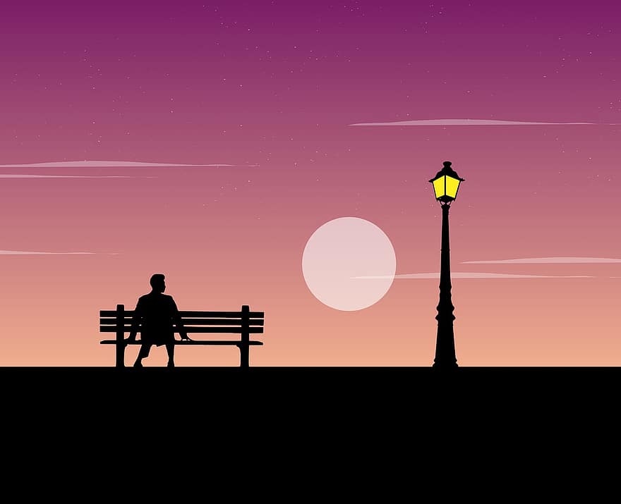 mężczyzna, ławka, słup latarni ulicznej, zachód słońca, niebo, księżyc, krajobraz