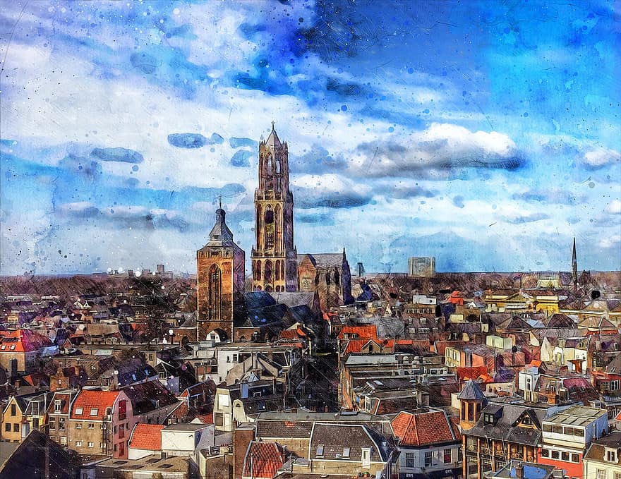 Países Baixos, praça da catedral, torre, dom, desenhando, aguarela, poster