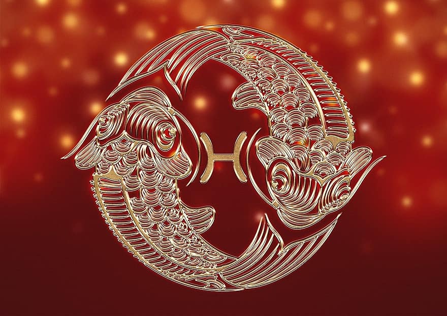 cung Song Ngư, biểu tượng hoàng đạo, Biểu tượng, cá, dấu sao, Dấu hiệu chiêm tinh, chiêm tinh học, lá số tử vi, vàng, bokeh