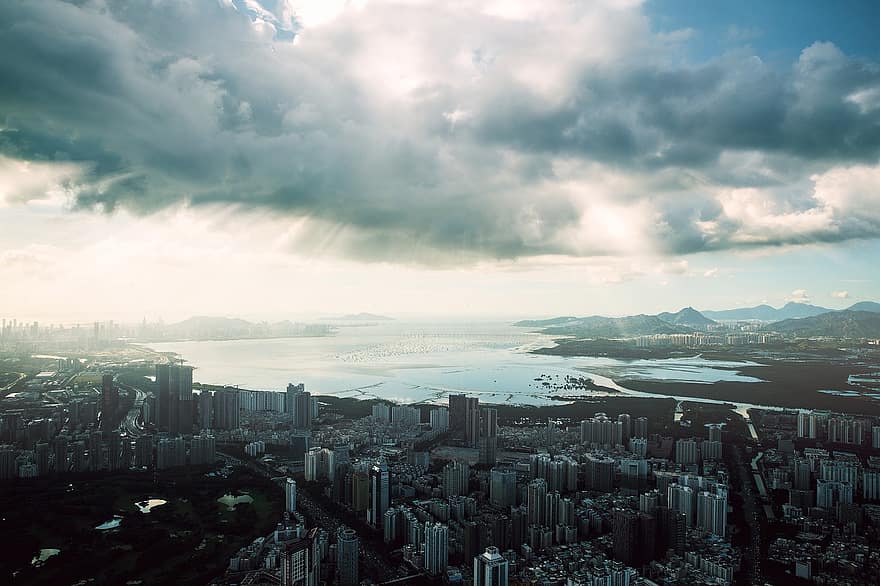 skyskrapor, stadsbild, stad, molnig himmel, stadens centrum, distrikt, metropol, panorama, Shenzhen Bay, shenzhen