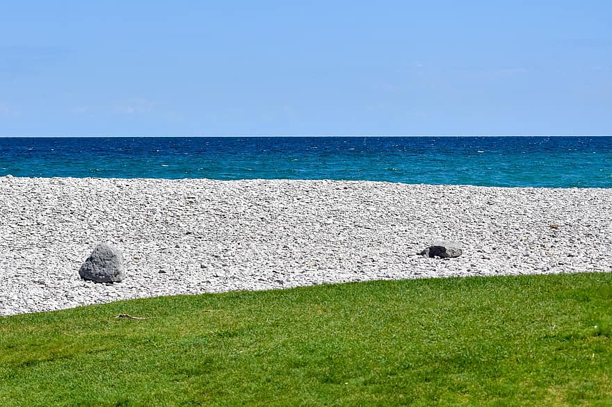 platja, a l'aire lliure, herba, roques, aigua, naturalesa