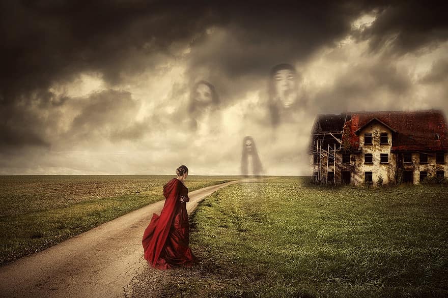 mulher, construção, fantasma, Horror, abandonado, casa assombrada, caminho, campo, menina, assustador, arrepiante
