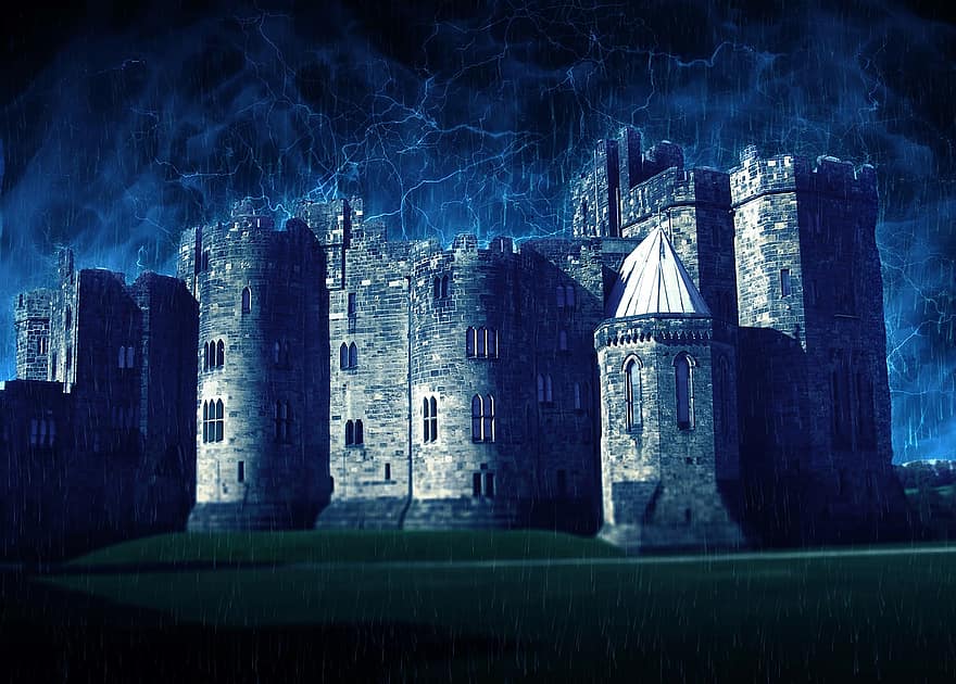 castelo de alnwick, castelo, alnwick, Northumberland, arquitetura, Inglaterra, torres, fortaleza, baluarte, trovoada, relâmpago